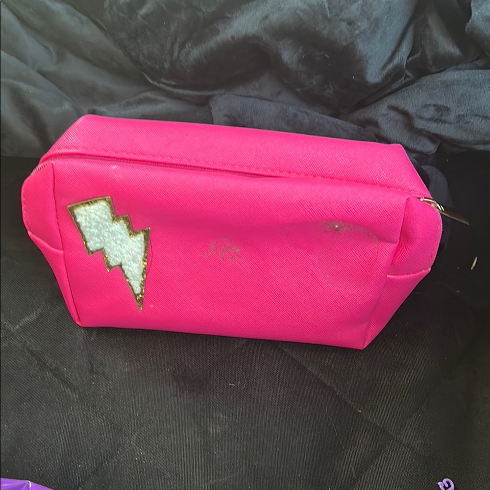 Vibrant Pink Cosmetic Bag with Lightning Bolt Design